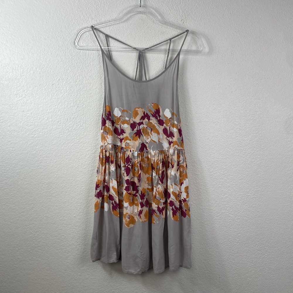 Free People Floral Mini Dress Grey Orange Strappy‎ Racerback Rayon Size Small